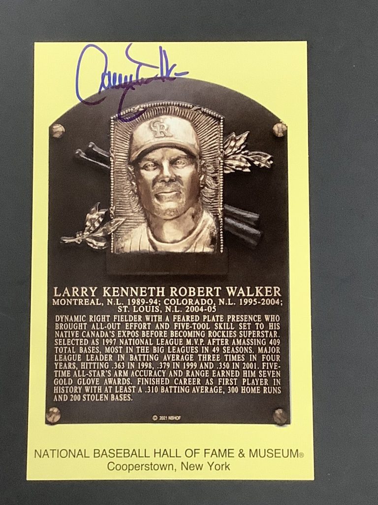 Larry Walker Signed Gold HOF Plaque Postcard Yellow Rockies Autograph MLB JSA