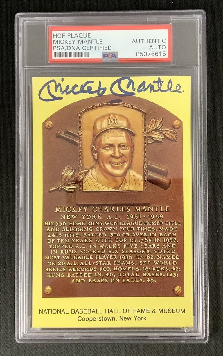 Mickey Mantle Signed Gold HOF Plaque Postcard Yellow Autograph Yankees PSA/DNA 1