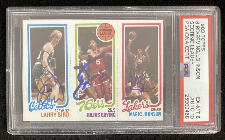 Larry Bird Signed 1980 Topps Rookie Card + Magic Dr. J PSA/DNA Auto 10 Card EX 6