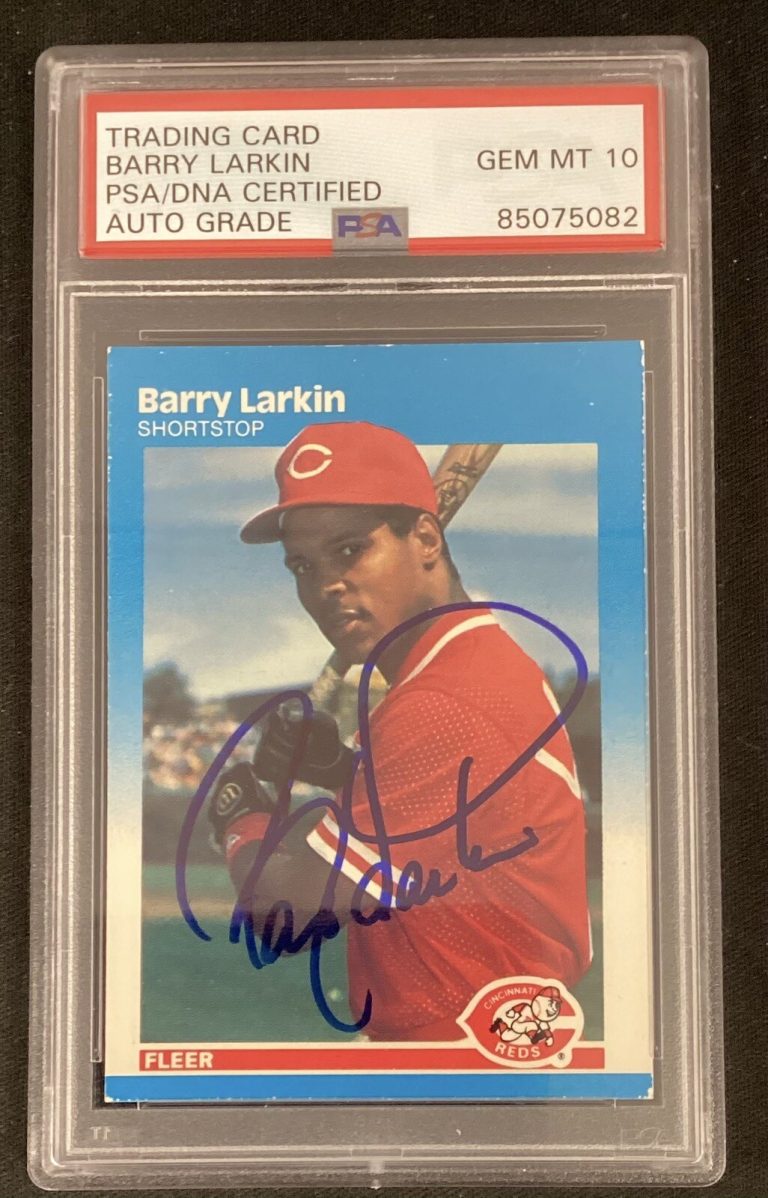 Barry Larkin Signed 1987 Fleer Glossy #204 Baseball Card RC Reds PSA/DNA Auto 10