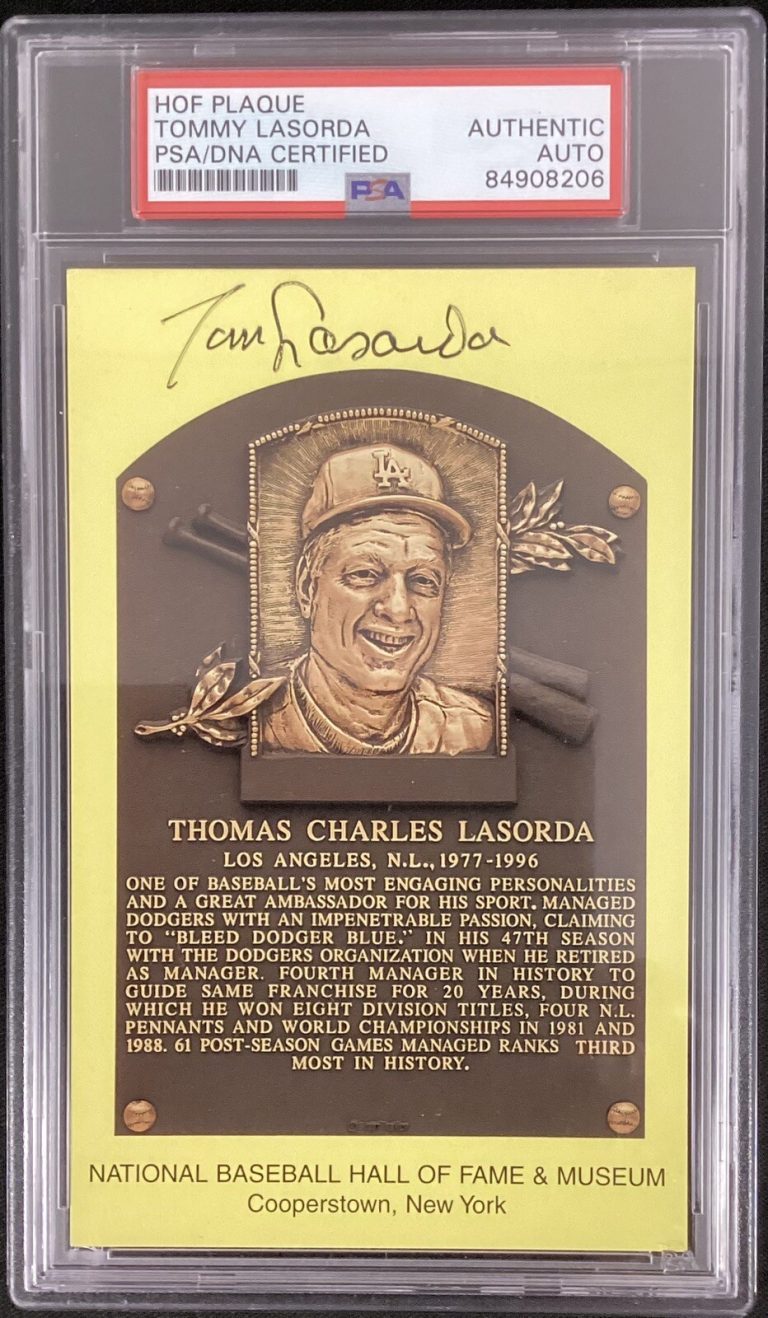 Tom Lasorda Signed Gold HOF Plaque Postcard Yellow Dodgers Autograph PSA/DNA