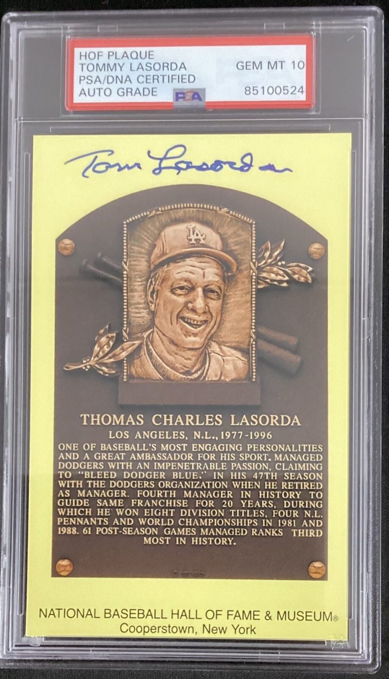 Tom Lasorda Signed Gold HOF Plaque Postcard Yellow Dodgers Autograph PSA/DNA 10