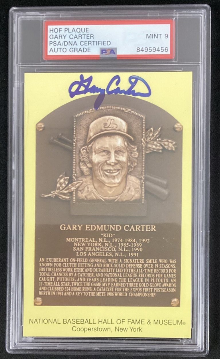 Gary Carter Signed Gold HOF Plaque Postcard Yellow Mets Autograph PSA/DNA Mint 9