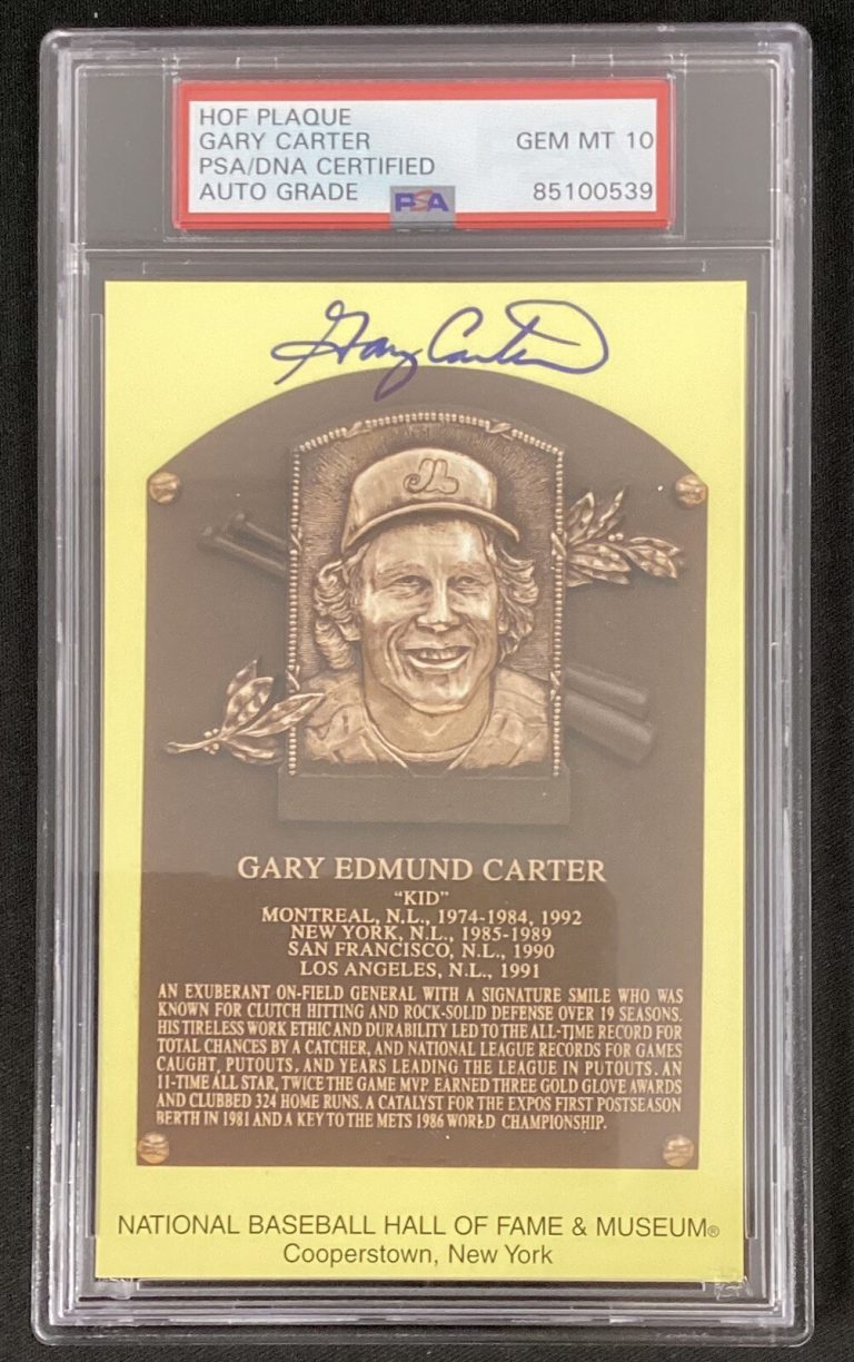 Gary Carter Signed Gold HOF Plaque Postcard Yellow Mets Autograph PSA/DNA Gem 10