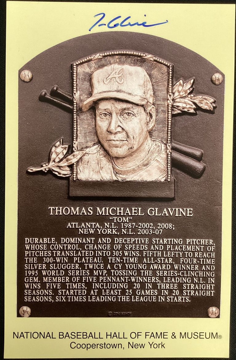 Tom Glavine Signed Gold HOF Plaque Postcard Yellow Atlanta Braves Baseball JSA