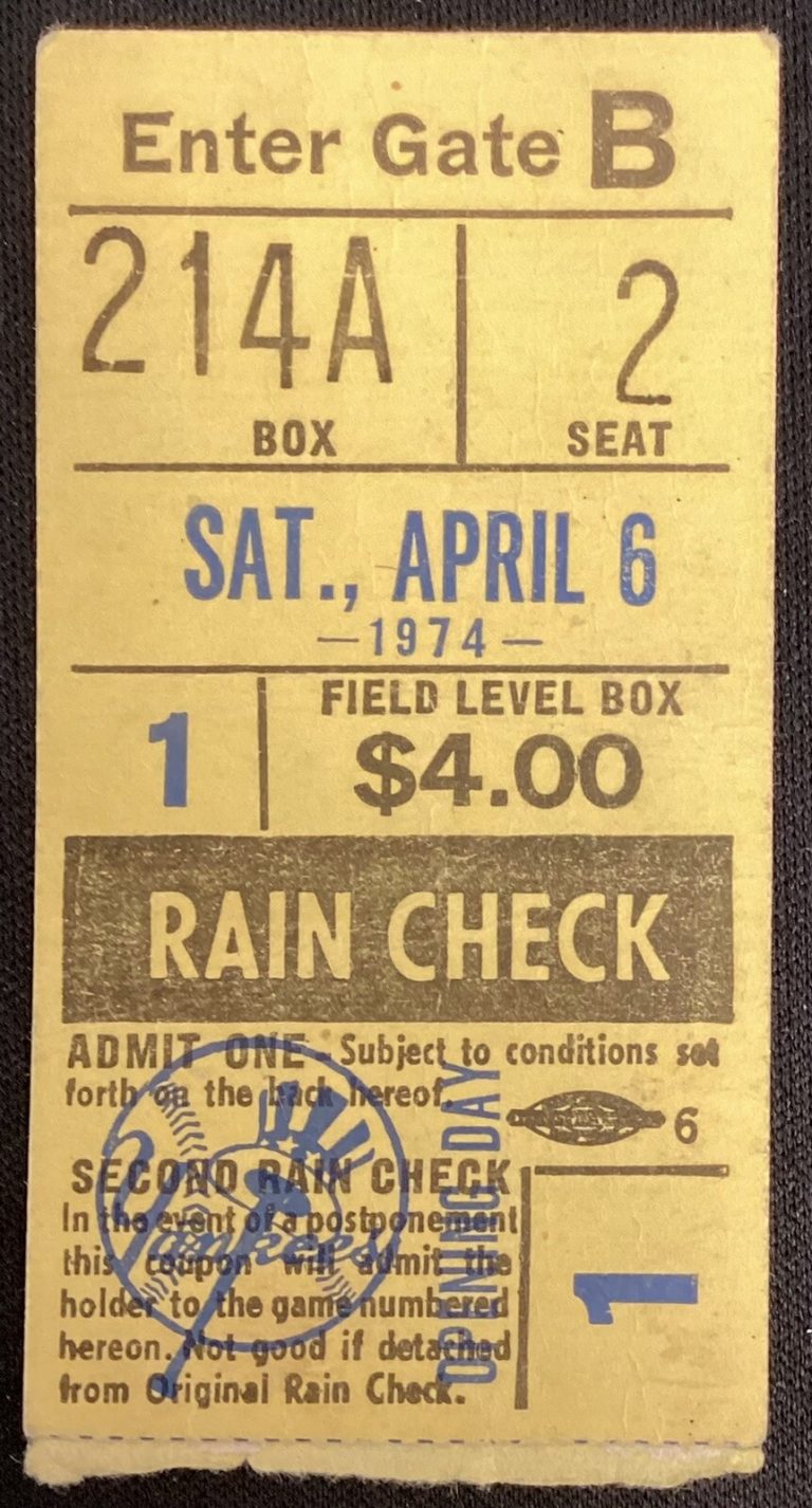 1974 Yankees Opening Day Ticket Stub Ted Kennedy 1st Pitch Played @ Shea Stadium