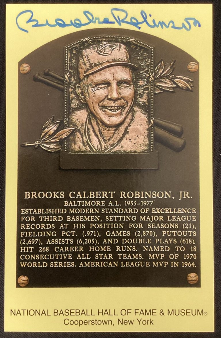 Brooks Robinson Signed Gold HOF Plaque Postcard Yellow Orioles Autograph JSA #2