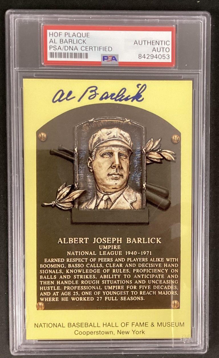 Al Barlick Signed Gold Plaque HOF Postcard Yellow Umpire PSA/DNA Autograph