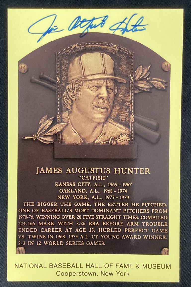 Jim Catfish Hunter Signed Gold HOF Plaque Postcard Yellow JSA Autograph Yankees