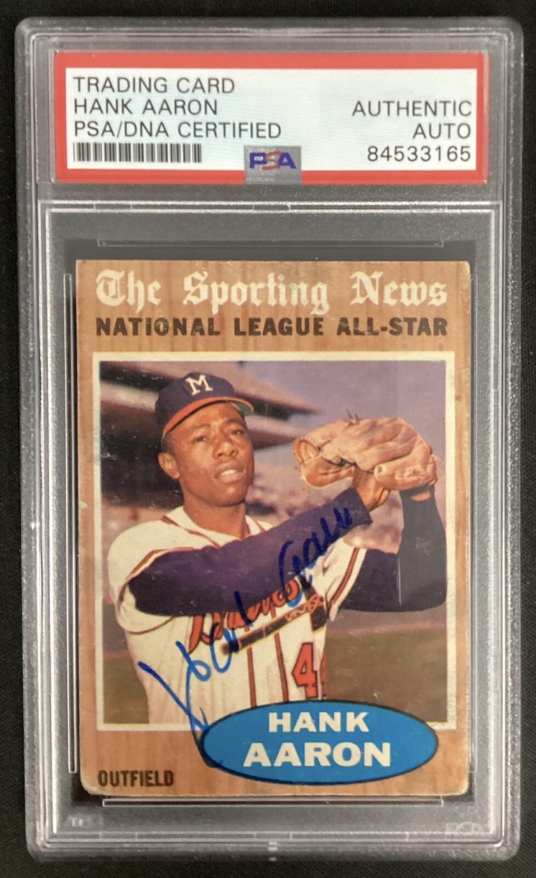 Hank Aaron Signed 1962 Topps #394 Baseball Card Braves STAIN Autograph PSA/DNA
