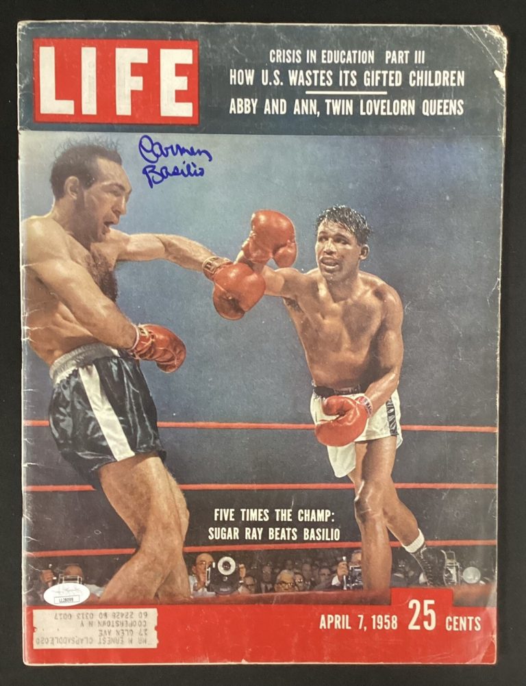 Carmen Basilio Signed Life Mag 1958 Boxing Sugar Ray Robinson Autograph Blue JSA