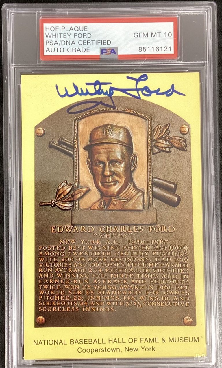 Whitey Ford Signed Gold Plaque Postcard HOF Autograph Yellow Yankees PSA/DNA 10