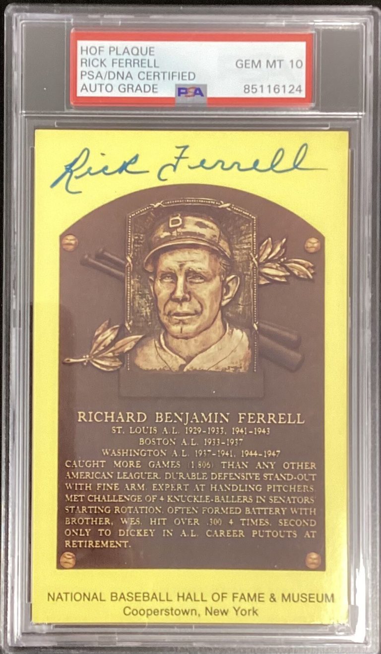 Rick Ferrell Signed Gold Plaque HOF Postcard Yellow Red Sox Autograph PSA/DNA 10
