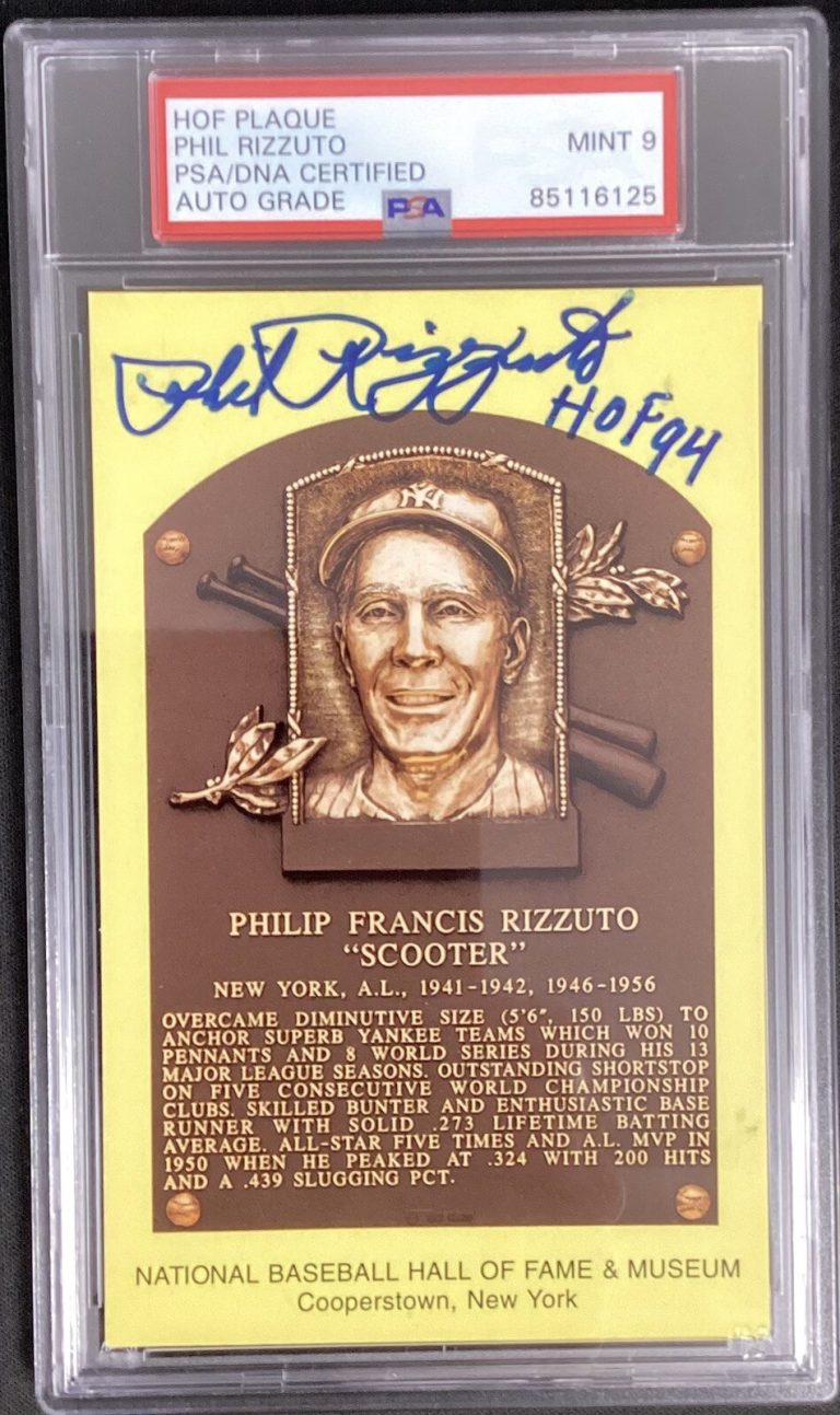Phil Rizzuto Signed Gold HOF Plaque Postcard Yellow Yankees Autograph PSA/DNA 9