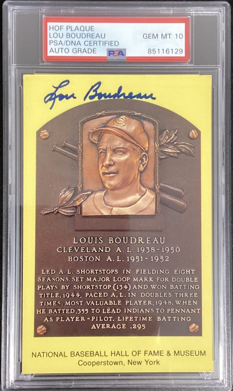 Lou Boudreau Signed Gold Plaque HOF Postcard Yellow Indians PSA/DNA Auto Mint 10