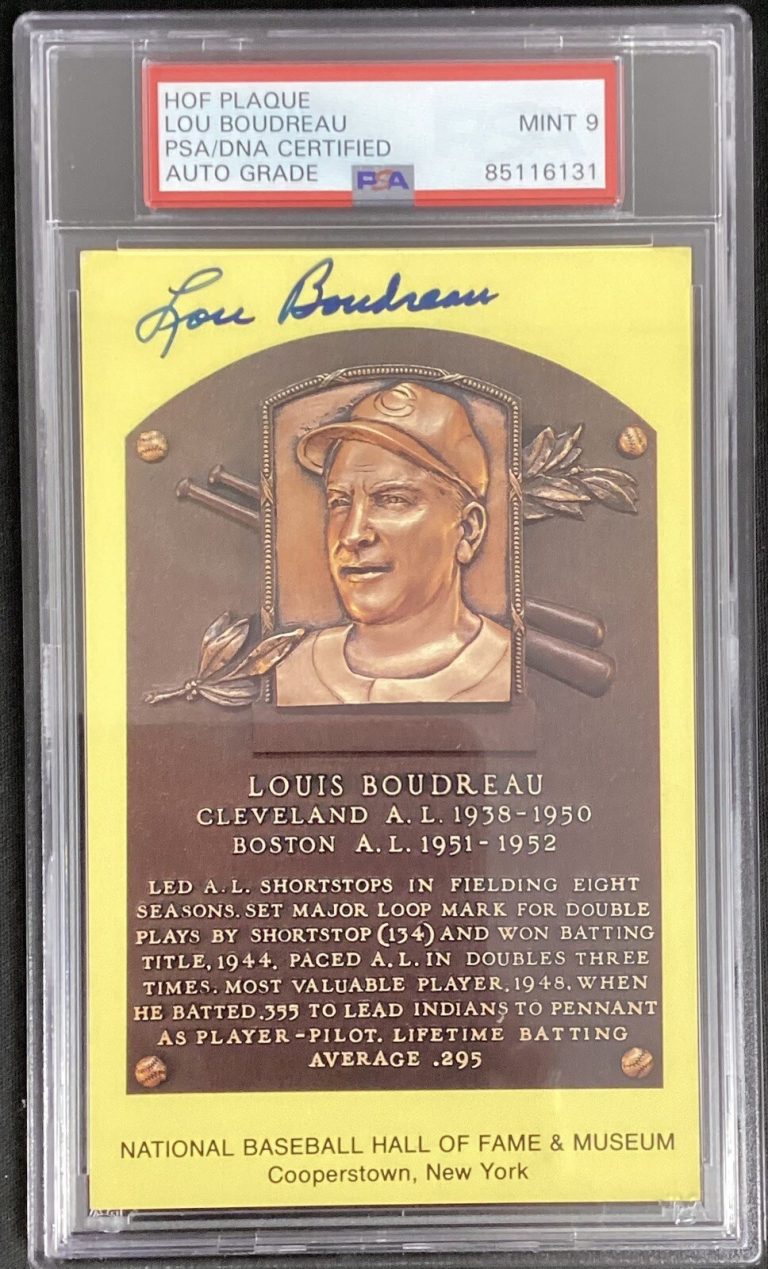Lou Boudreau Signed Gold Plaque HOF Postcard Yellow Indians PSA/DNA Auto 9 #2