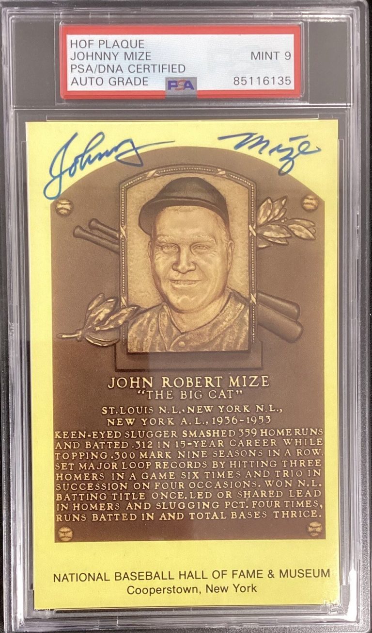 Johnny Mize Signed Gold HOF Plaque Postcard Yankees Yellow Autograph PSA/DNA 9