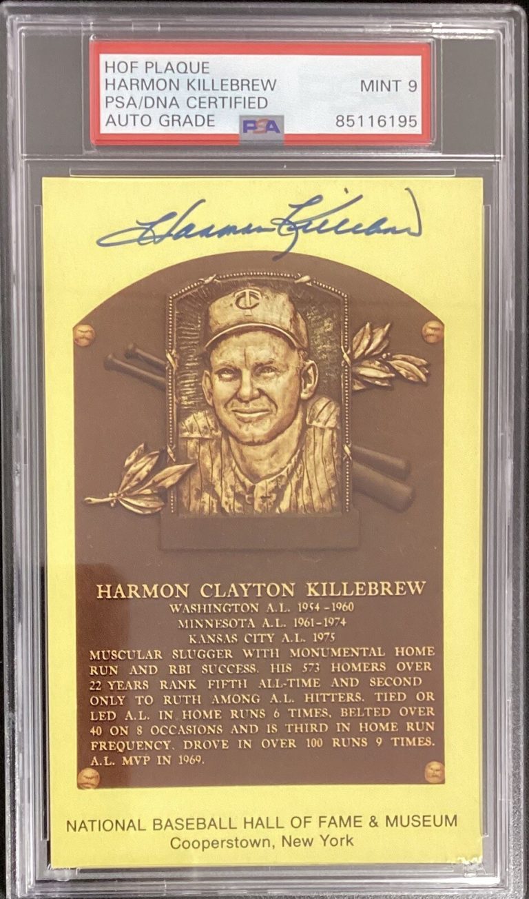 Harmon Killebrew Signed Gold HOF Plaque Postcard Yellow Twin Autograph PSA/DNA 9