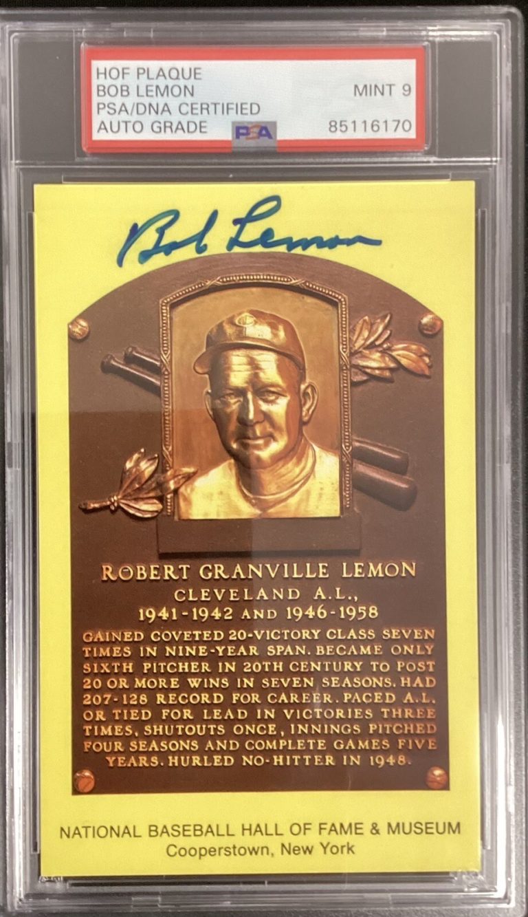 Bob Lemon Signed Gold Plaque HOF Postcard Yellow Indians PSA/DNA Auto 9