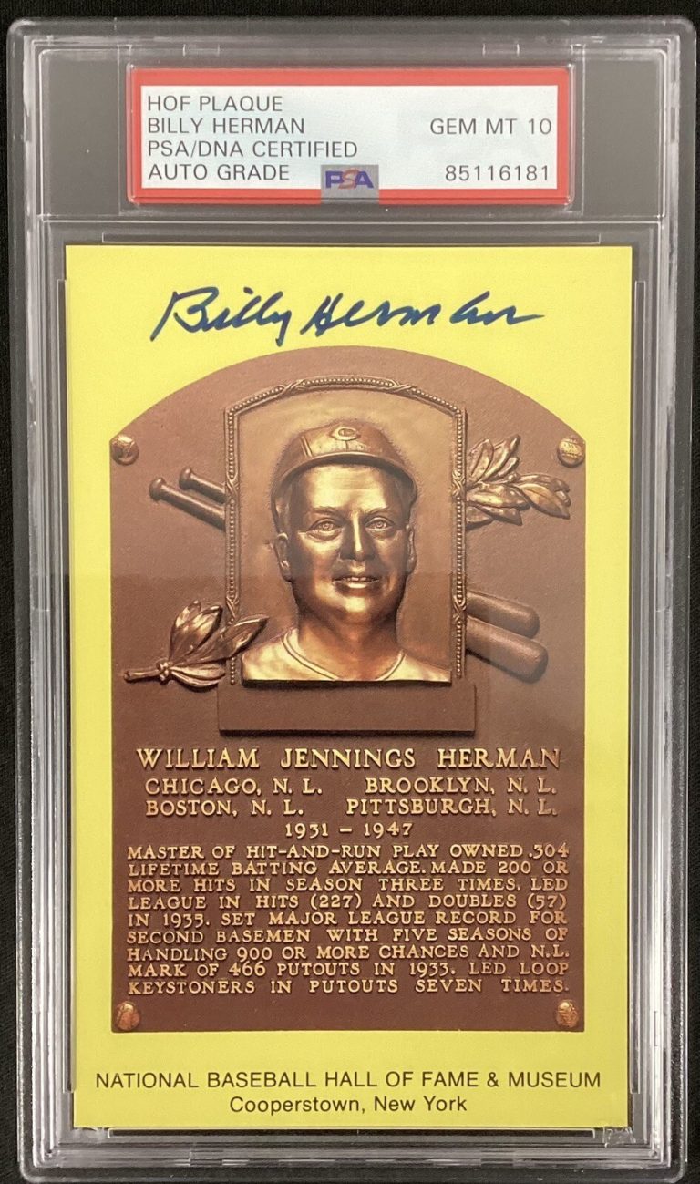 Billy Herman Signed Gold Plaque HOF Postcard Yellow Cubs Autograph PSA/DNA 10