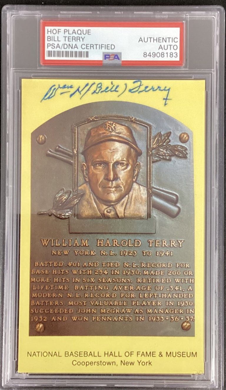 Bill Terry Signed Gold Plaque Postcard HOF Autograph PSA/DNA Yellow NY Giants 2