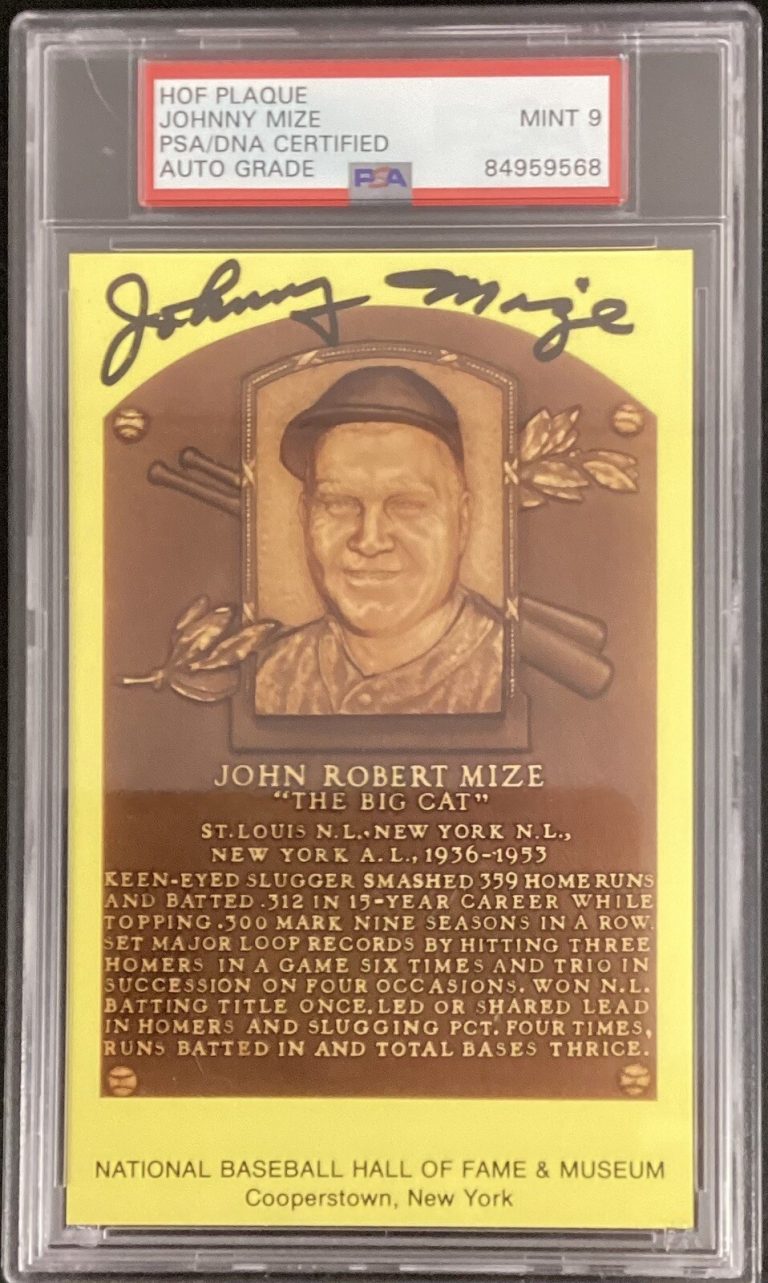 Johnny Mize Signed Gold HOF Plaque 2 Postcard Yankees Yellow Autograph PSA/DNA 9