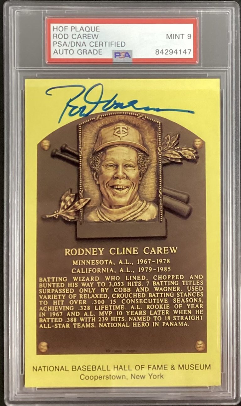 Rod Carew Signed Gold HOF Plaque Postcard Yellow Twins Autograph PSA/DNA Mint 9