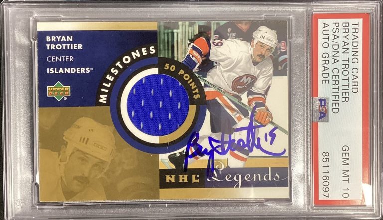Bryan Trottier Signed 2001 Upper Deck Hockey Jersey Card Autograph PSA/DNA 10