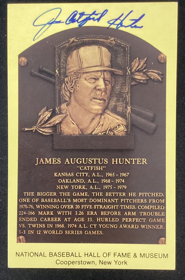 Jim Catfish Hunter Signed Gold HOF Plaque Postcard Yellow JSA Autograph Yankees