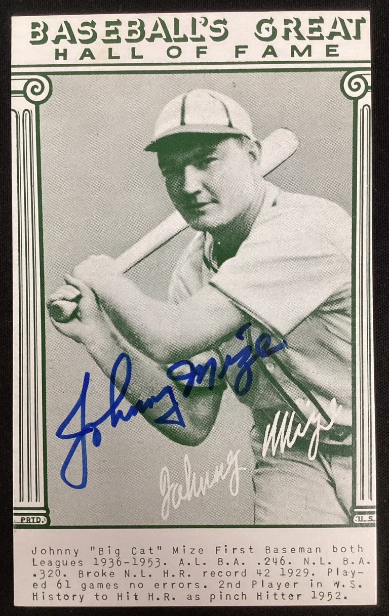 Johnny Mize Signed 1977 Baseball's Great Hall of Fame Exhibits PC Autograph TPG