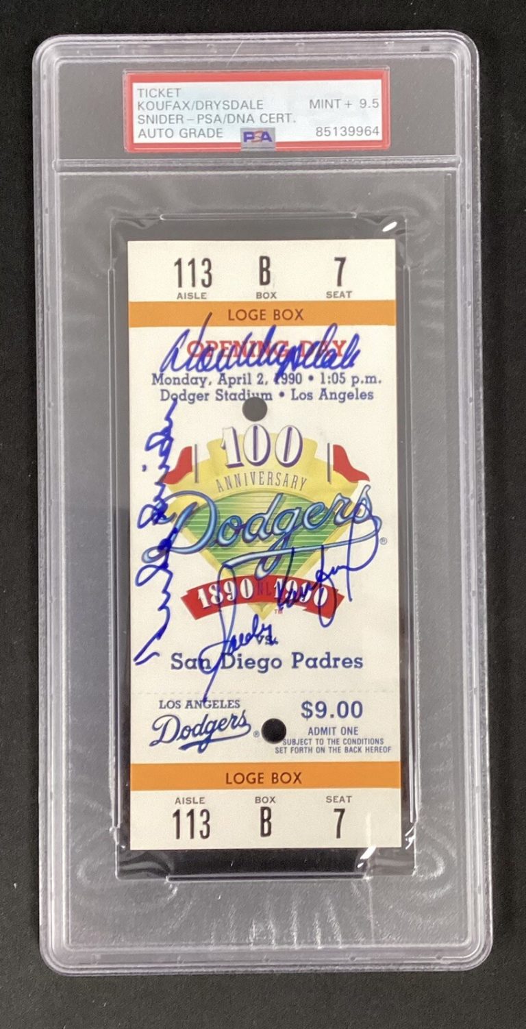 Sandy Koufax Signed Ticket 100 Years 90 Don Drysdale Duke Snider PSA/DNA Auto 9