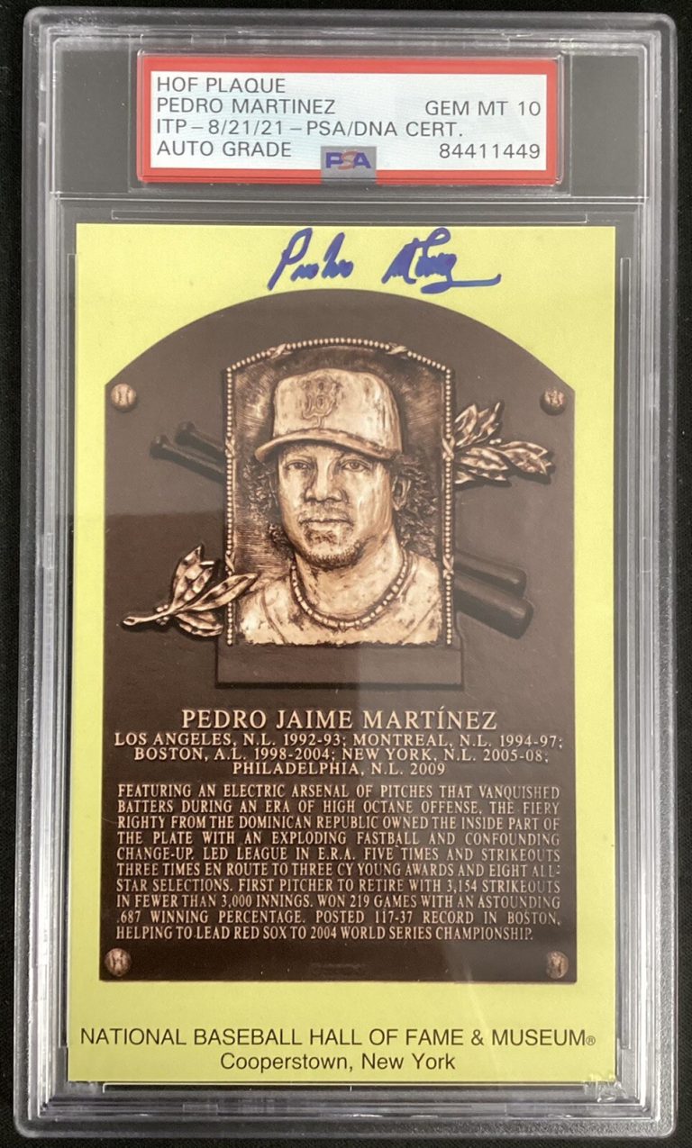 Pedro Martinez Signed Gold Plaque HOF Postcard Yellow RedSox PSA/DNA Auto GEM 10