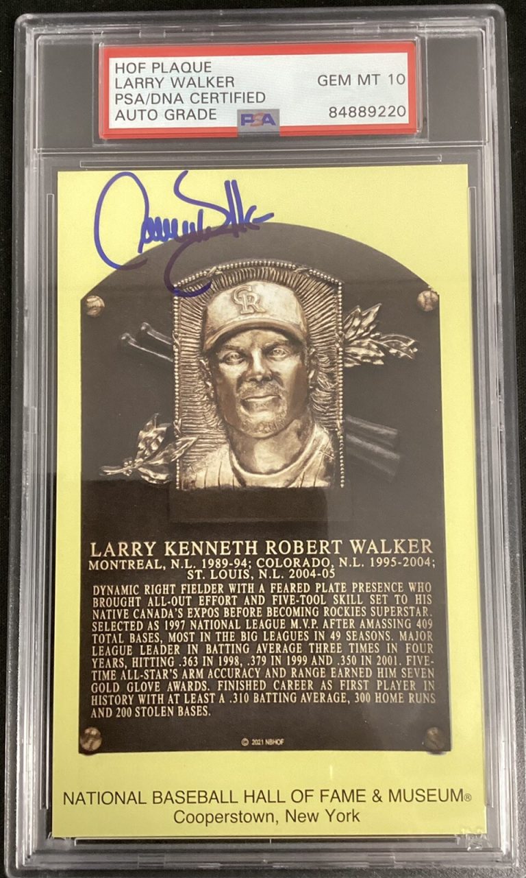 Larry Walker Signed Gold HOF Plaque Postcard Yellow Expos PSA/DNA Auto Gem 10