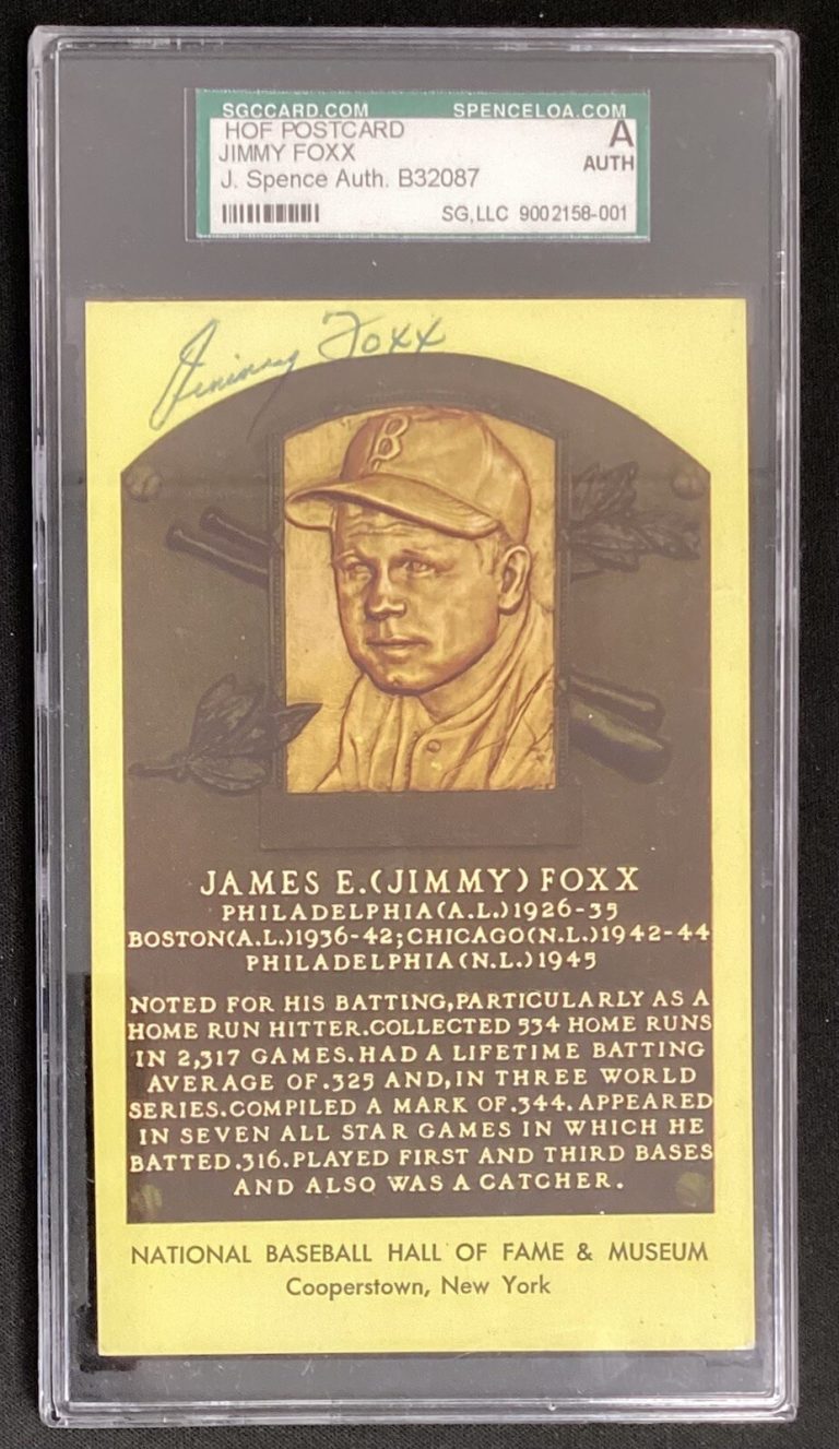Jimmie Foxx Signed Gold HOF Plaque Postcard Yellow Autograph Super Rare JSA SGC