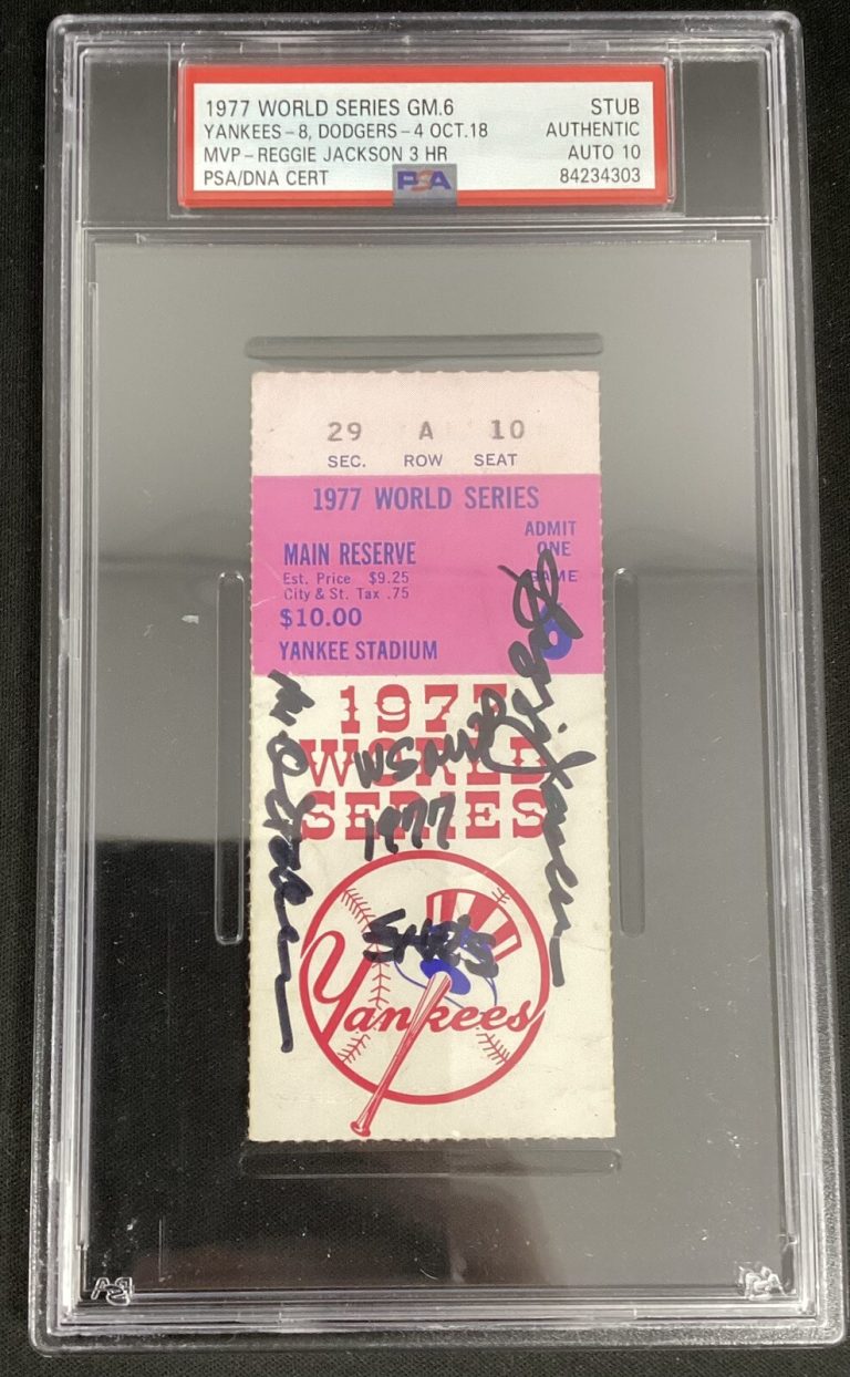 Reggie Jackson Signed Ticket Stub 10/18/1977 3 HRs Inscrip Auto PSA/DNA Auto 10