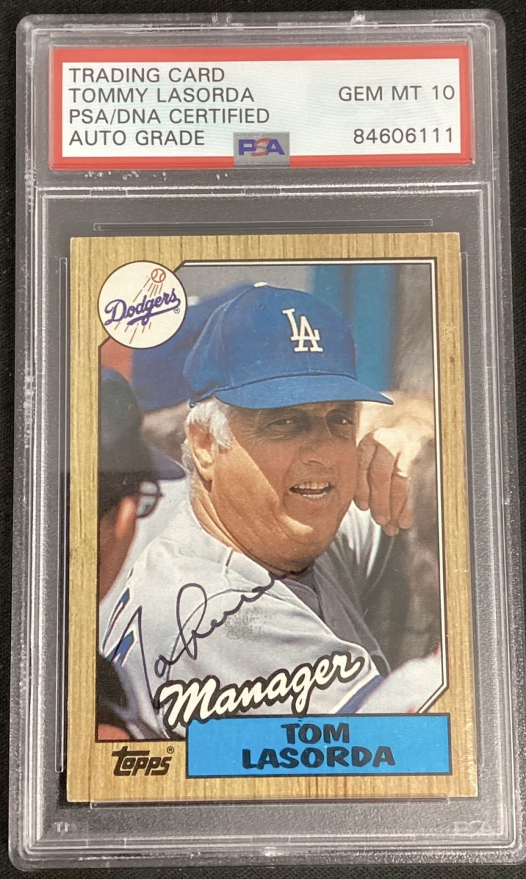 Tom Lasorda Signed 1987 Topps #493 Baseball Card Dodgers HOF PSA/DNA Auto Gem 10