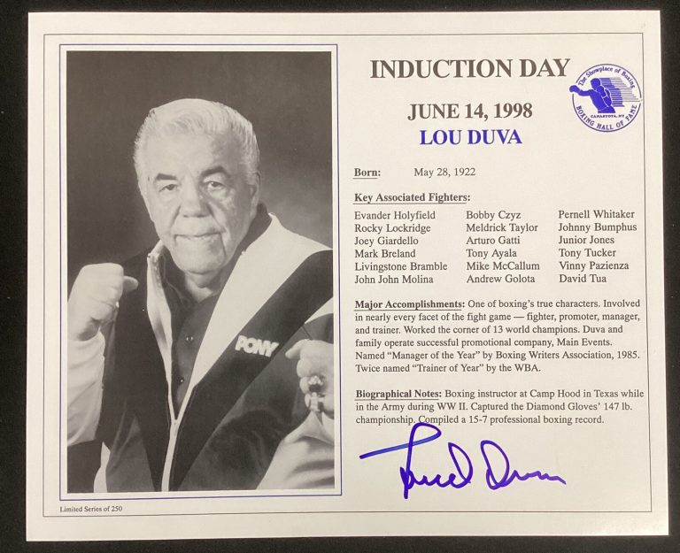 Lou Duva Signed 1998 HOF Induction Card Boxing Autograph TPG