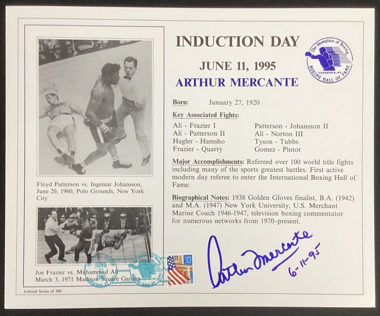 Arthur Mercante Signed 1995 HOF Induction Card Ali Boxing Autograph TPG 1