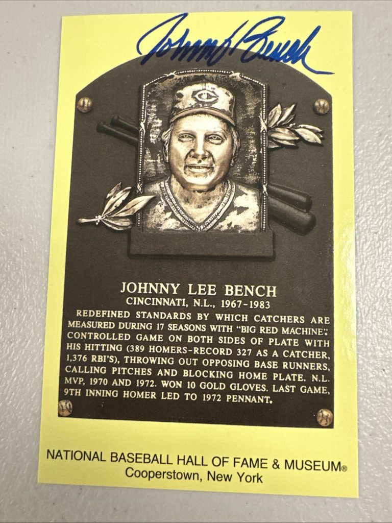 Johnny Bench Signed Gold Plaque HOF Postcard Yellow Baseball Reds Autograph JSA