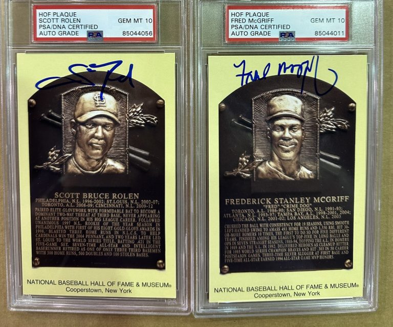 Fred McGriff Scott Rolen Signed Gold HOF Plaque Postcard Yellow PSA/DNA Auto 10