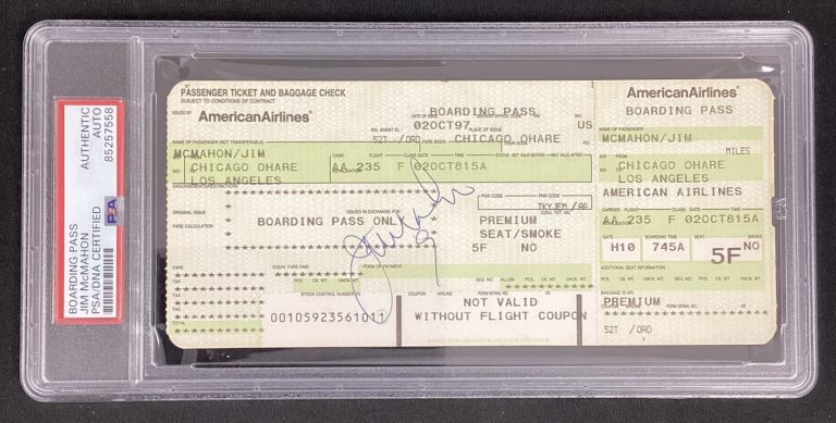 Jim McMahon Signed AA Boarding Pass Chicago Bears Autograph PSA/DNA