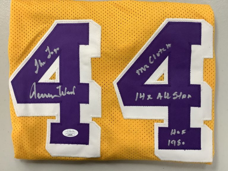 Jerry West Signed Jersey 4 STATS #44 Basketball Lakers Auto Inscr HOF JSA 1