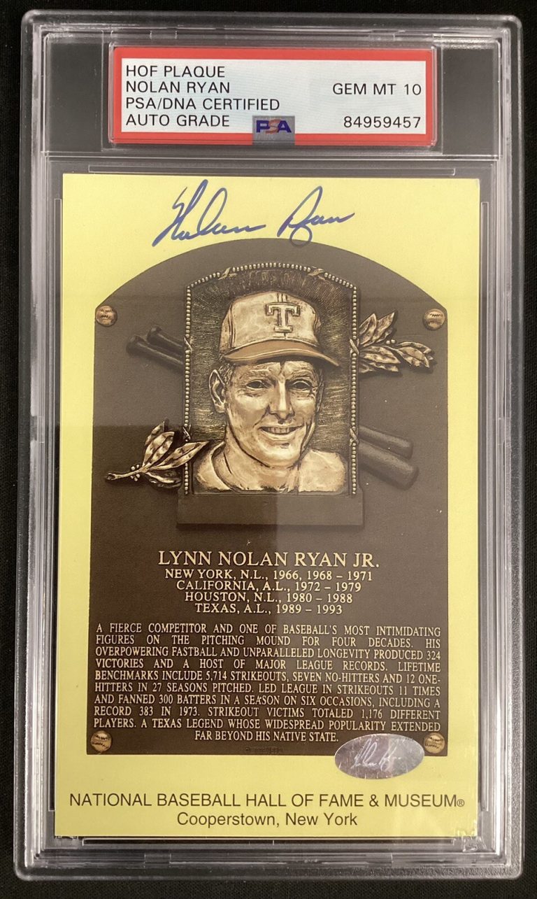 Nolan Ryan Signed Gold HOF Plaque Postcard Yellow Rangers PSA/DNA Auto Gem 10