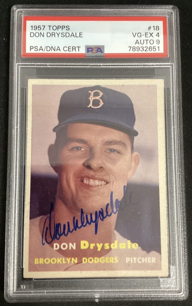 Don Drysdale Signed 1957 Topps #18 Baseball Card Dodgers Autograph PSA/DNA 4/9