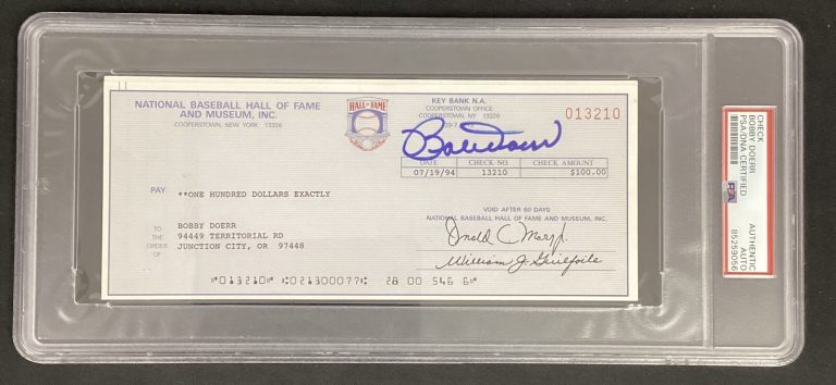 Bobby Doerr Signed Baseball Hall Of Fame Check Red Sox Autograph PSA/DNA
