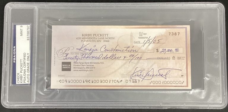 Kirby Puckett Signed Personal Check Baseball Twins HOF Autograph PSA/DNA MT 9