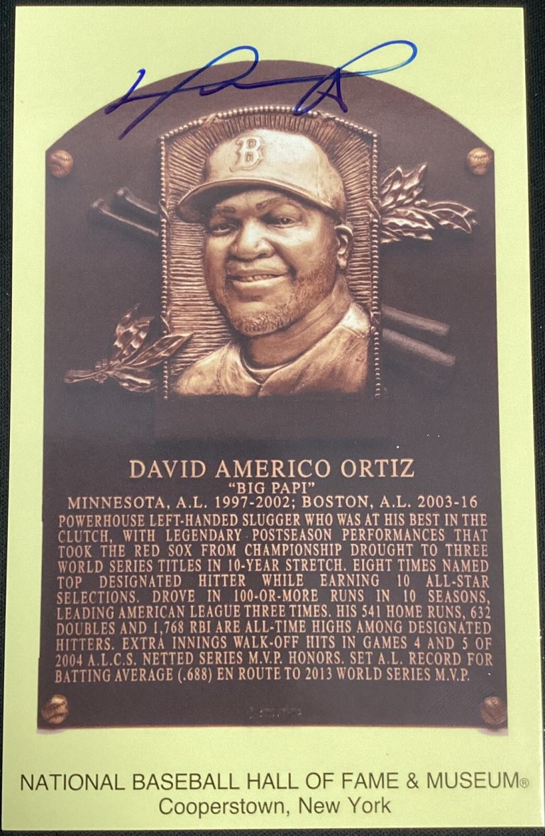 David Ortiz Signed Gold HOF Plaque Postcard Yellow Papi Autograph Red Sox BAS