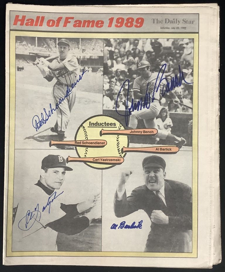Johnny Bench Signed Daily Star Newspaper Baseball +3 Sigs Autograph HOF JSA