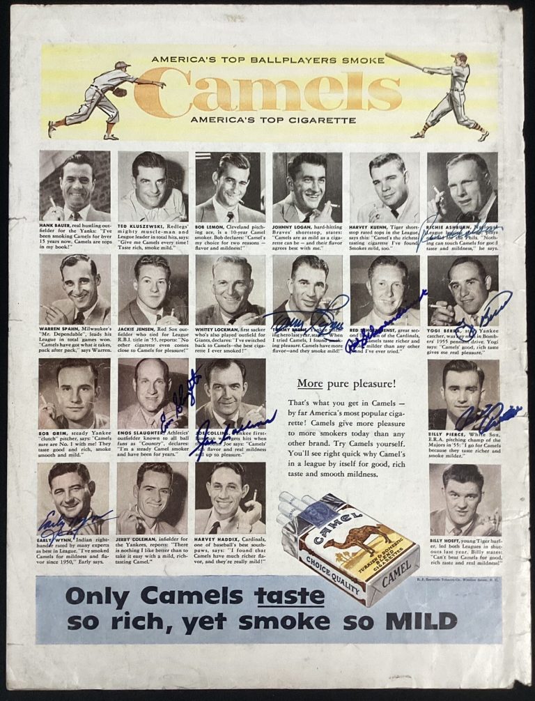 Yogi Berra Signed 1956 Camel Cigarettes Ad Baseball +7 Sigs HOF Autos JSA