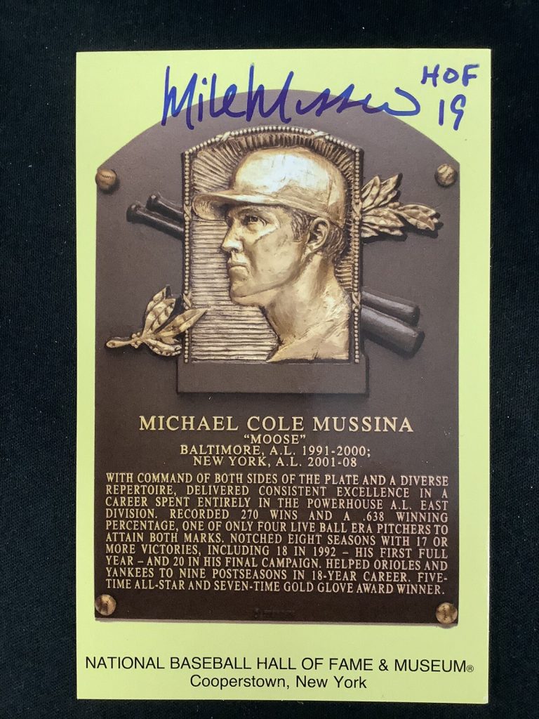 Mike Mussina Signed Gold HOF Plaque Postcard Yellow JSA Autograph NY Yankees WS